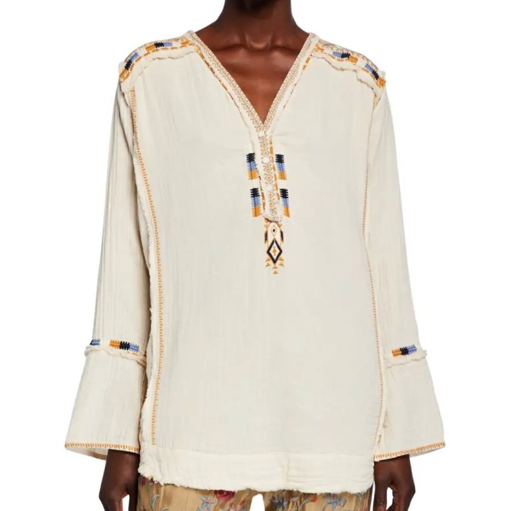 Johnny Was mars gauze beige off white long sleeve embroidered shirt top, small